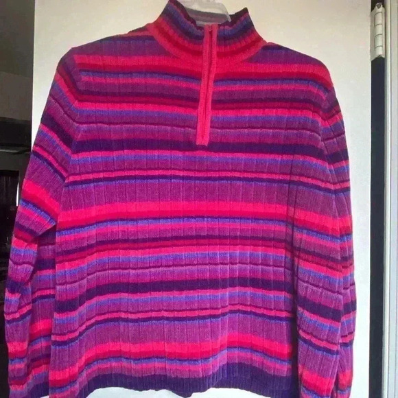 Vintage Karen Scott Sweater Pullover Henley Zip High Color Stripe Purple& Pin XL - Picture 1 of 3